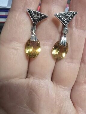 Vintage Van Dell Sterling Citrine Marcasite Screw Back Earrings